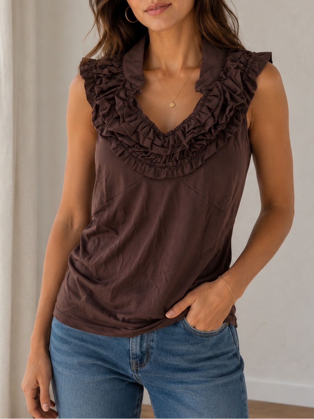Vintage Arden B‎ Ruffle Sleeveless Top Brown NWT Y2K Size Large